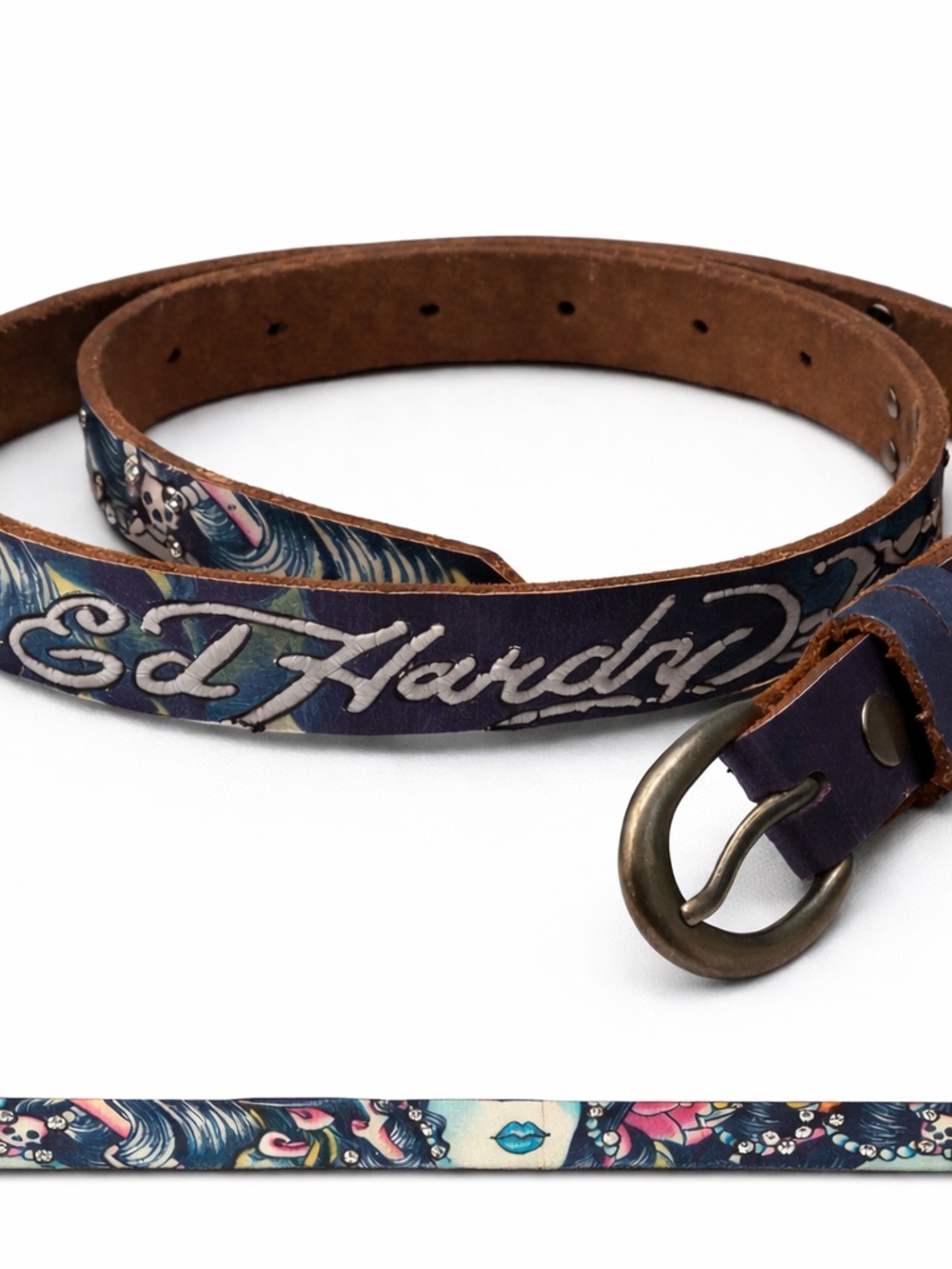 Ed Hardy Y2K Leather Belt Geisha Rhinestone Tattoo Graphic Studded Medium 26-33